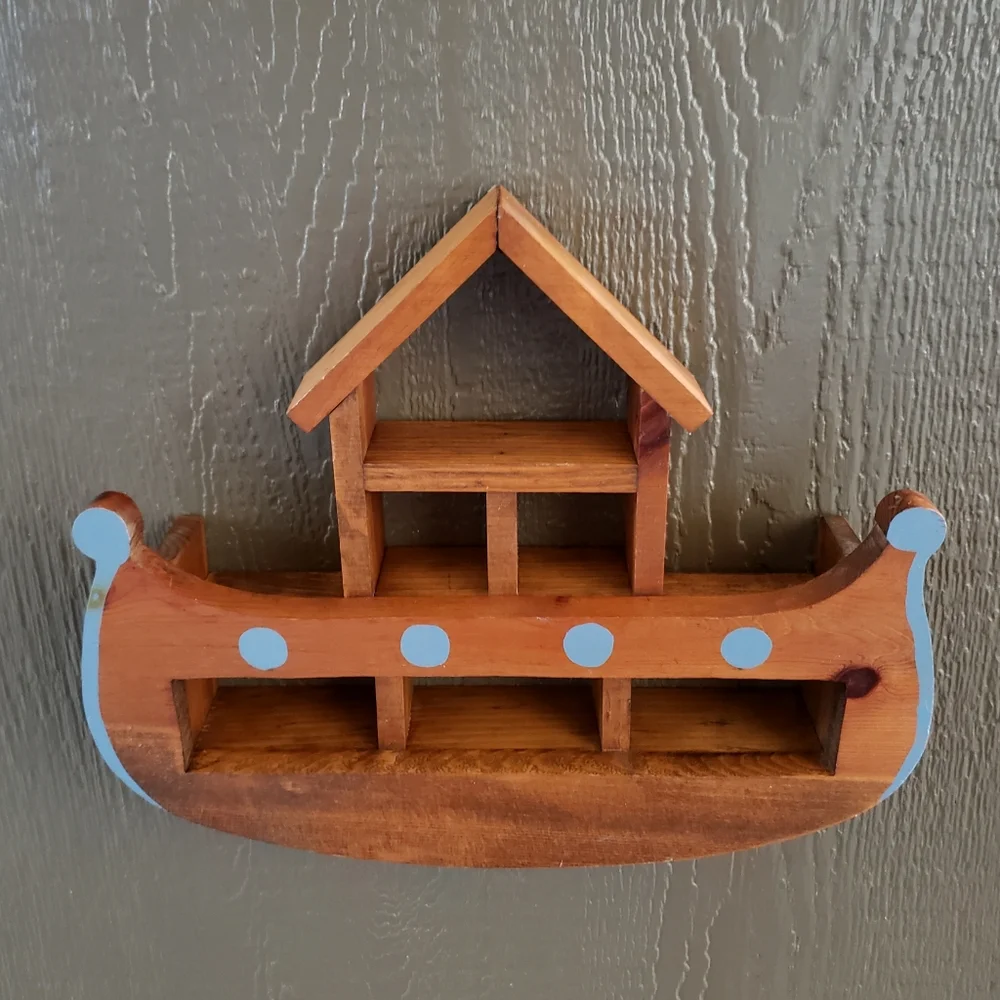 Vintage Handmade Folk Art Wooden Boat Wall Shelf Ornament Display Nautical Decor